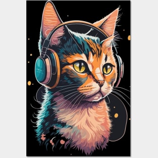 Cat with Headphones Posters and Art